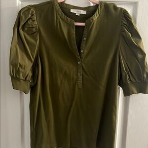 LOFT Green Puff Sleeve Mandarin Collar Blouse….  Worn 1 time